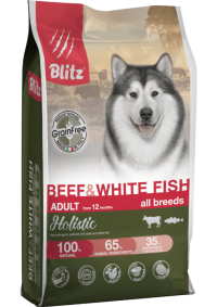Blitz Holistic Grain Free Beef & White Fish Adult Dog All Breeds беззерновой сухой корм для взрослых собак всех пород Говядина и Белая рыба 1,5 кг