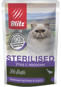 Blitz Holistic Sterilised Cat Duck & Salmon in Gravy влажный корм для стерилизованных кошек Утка с лососем нежные кусочки в соусе 85г