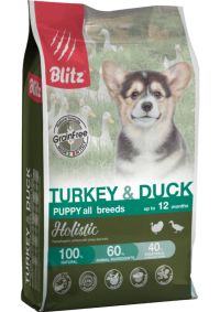 Blitz Holistic Turkey & Duck Puppy All Breeds беззерновой сухой корм для щенков всех пород Индейка и Утка 500г