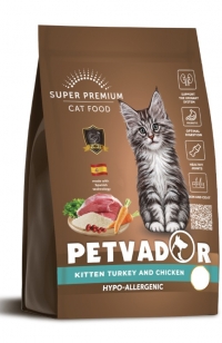 PETVADOR KITTEN Super Premium Сухой корм для котят, беременных и лактирующих кошек индейка с курицей и бурым рисом 400г
