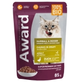 AWARD Hairball & Indoor Влажный корм для выведения шерсти у взрослых домашних кошек кусочки в соусе с уткой 85г