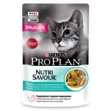 Влажный корм Pro Plan Nutri Savour Влажный корм для взрослых кошек с чувствительным пищеварением или с особыми предпочтениями в еде, с океанической рыбой в соусе, пауч 85 г